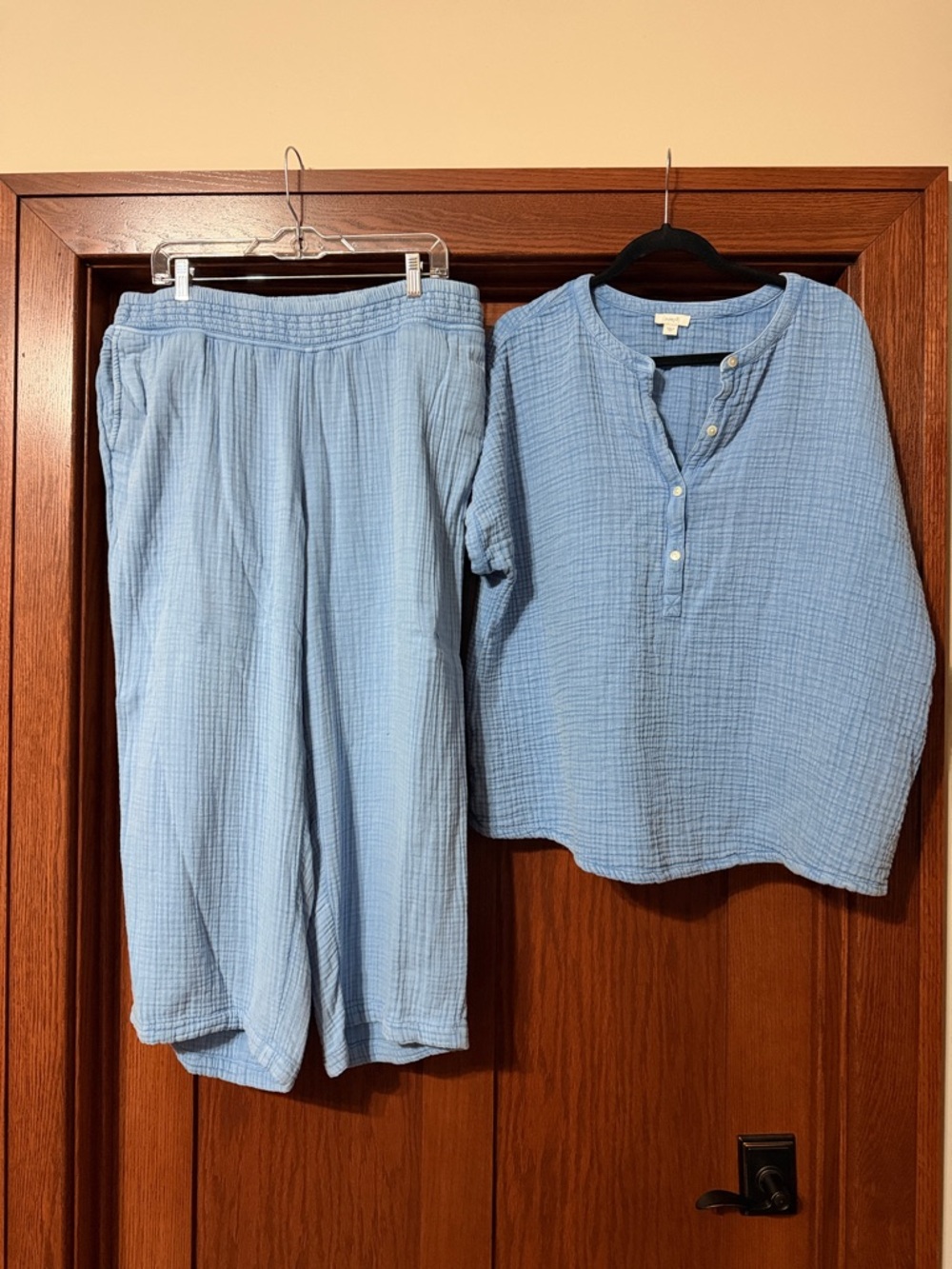 J. Jill Sky Blue Cotton Gauze Henley Top & Elastic Waist Pants